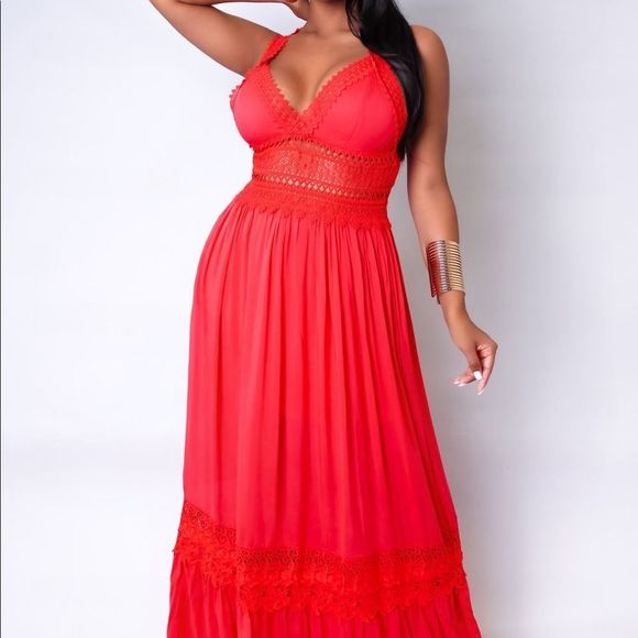 Red Maxi Dress With Crochet Detail - Picture 2 of 8